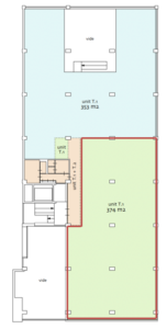 Plattegrond van de Generaal Vetterstraat met drie commerciële units en twee vides, inclusief oppervlaktes in vierkante meters.